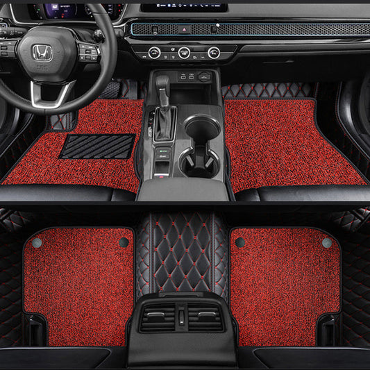 CM03 Double layer Luxury 3D Car Mats Set Black Red Line Leather + Red Wire Ring