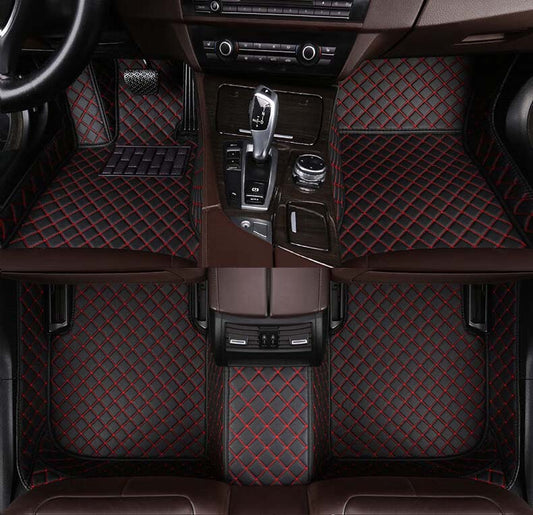 CM02 Double-line Luxury Car Mat Diamond Shape Stitchingh Black&Red